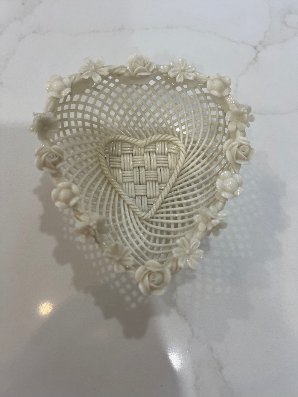 Belleek Handcrafted Irish Porcelain Ivory Heart Lace Decorative Bowl - Home Art